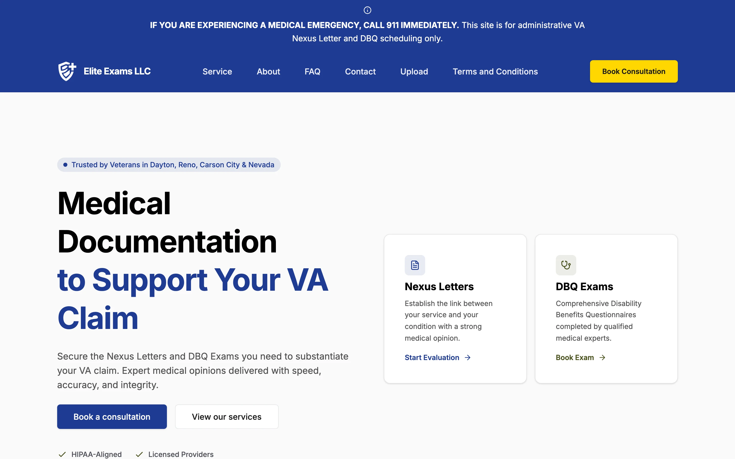 The Elite Exams homepage: emergency notice, navy header, the headline 'Medical Documentation to Support Your VA Claim', and service cards